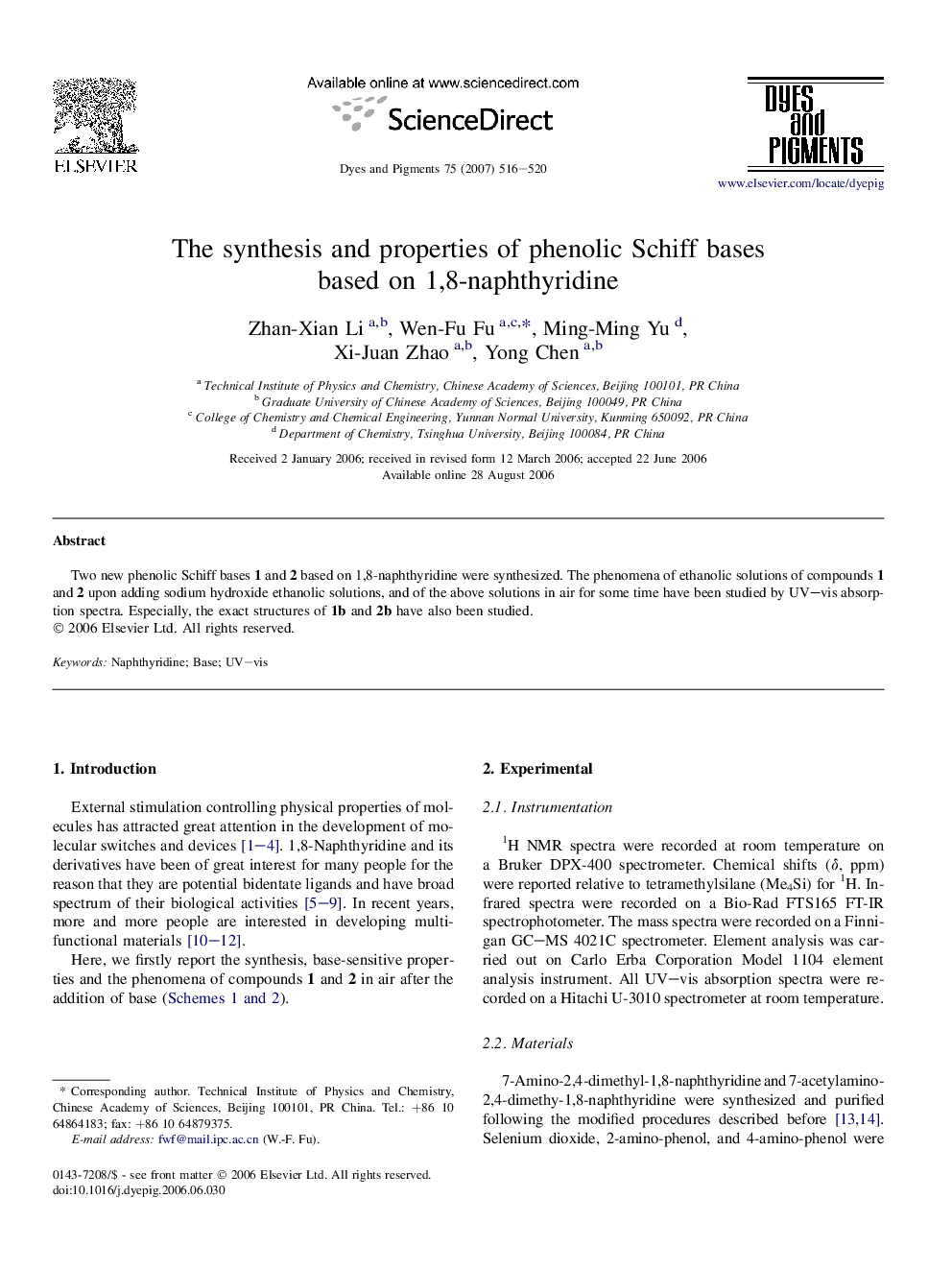 The synthesis and properties of phenolic Schiff bases based on 1,8-naphthyridine