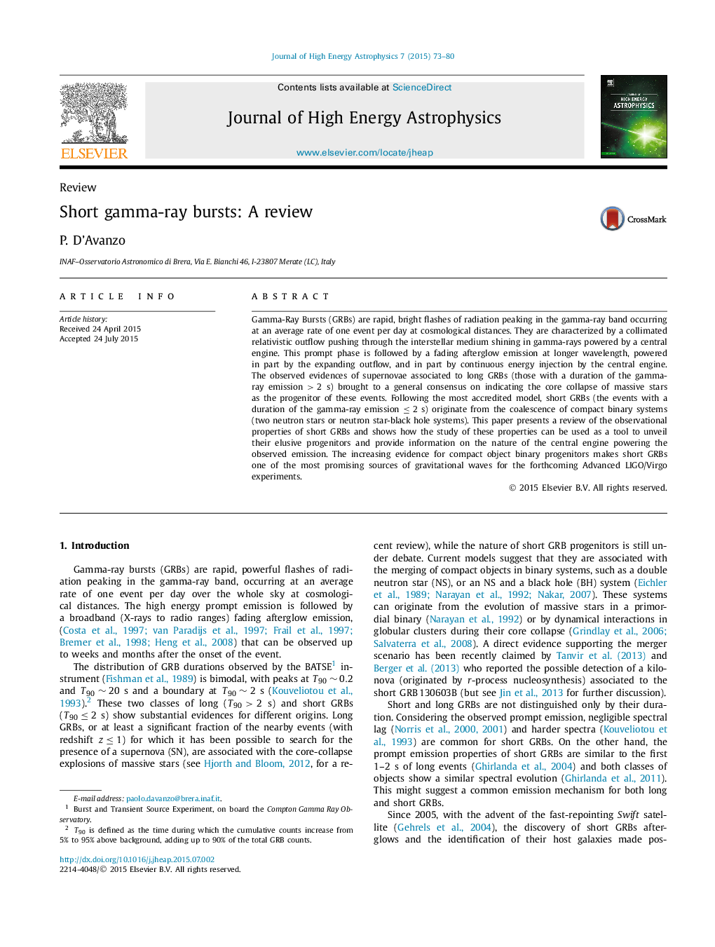 Short gamma-ray bursts: A review