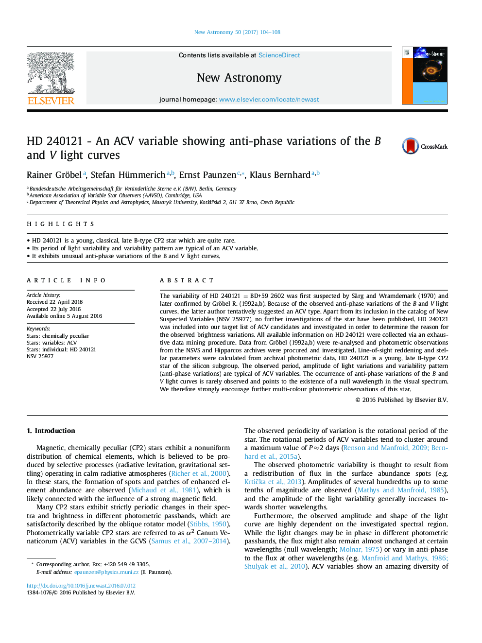 HD 240121 - An ACV variable showing anti-phase variations of the B and V light curves