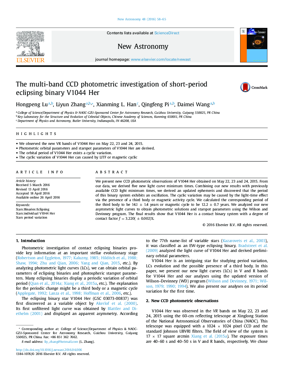 The multi-band CCD photometric investigation of short-period eclipsing binary V1044 Her