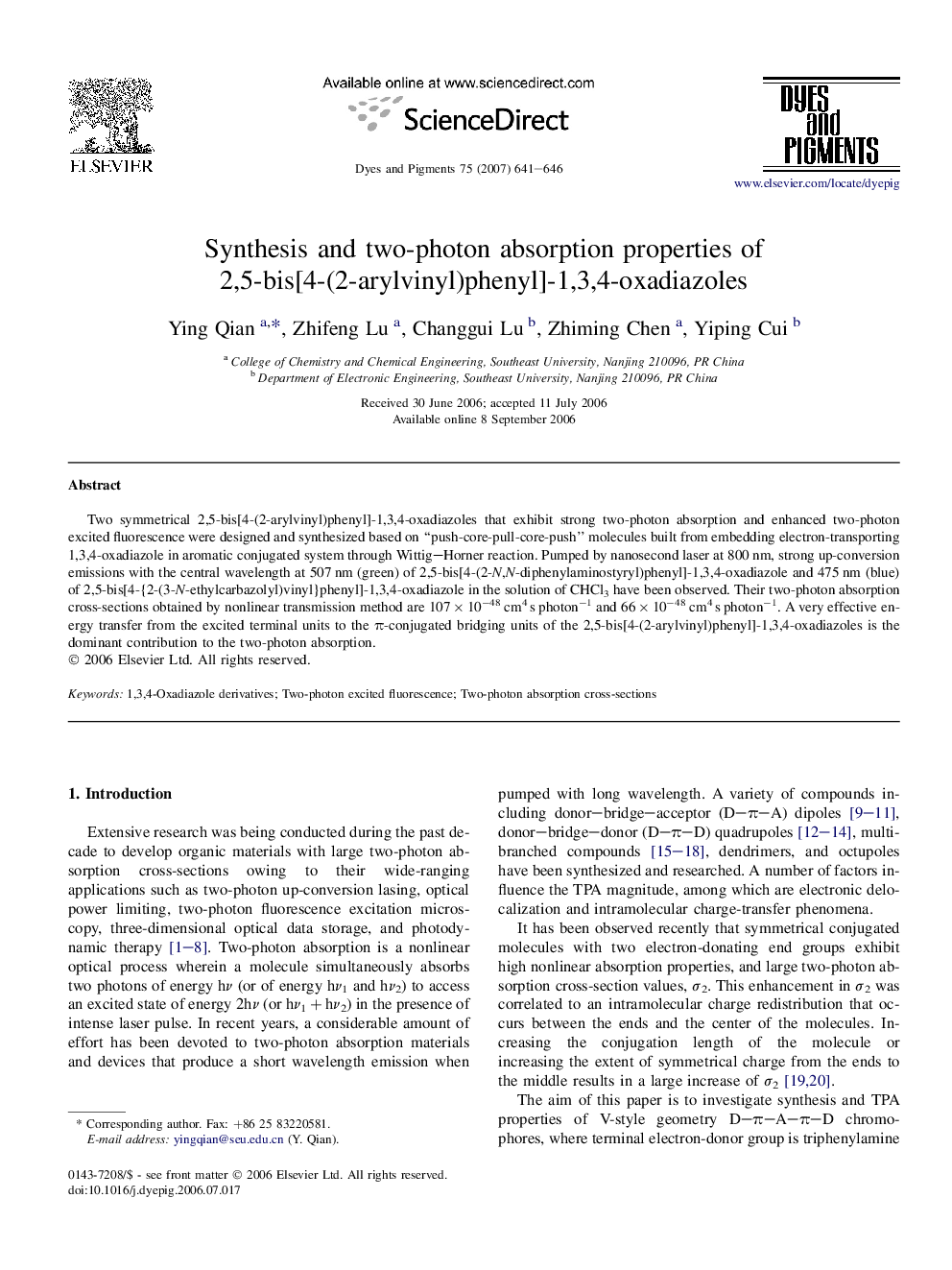 Synthesis and two-photon absorption properties of 2,5-bis[4-(2-arylvinyl)phenyl]-1,3,4-oxadiazoles