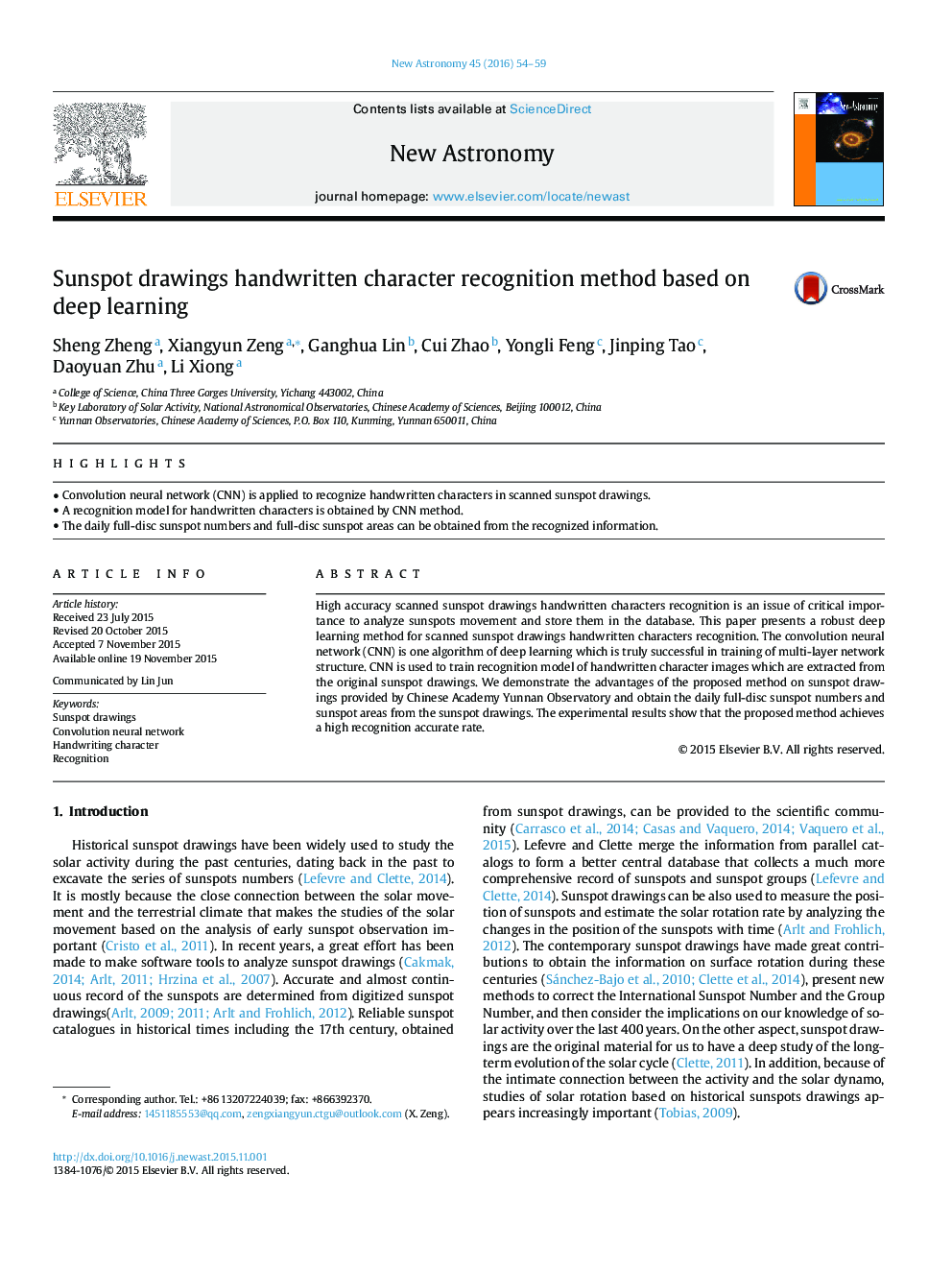 Sunspot drawings handwritten character recognition method based on deep learning