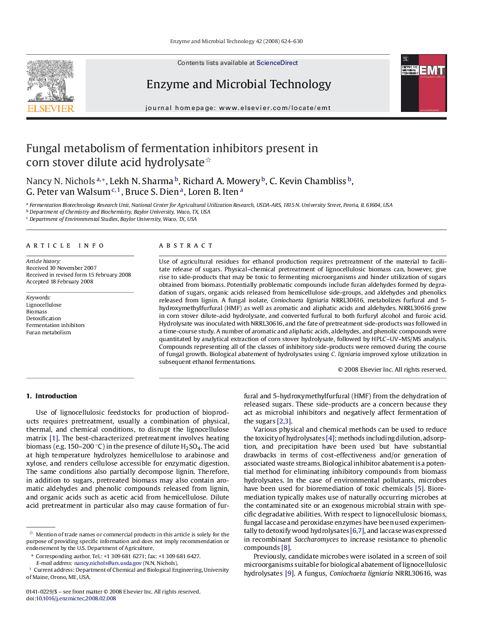 Fungal metabolism of fermentation inhibitors present in corn stover dilute acid hydrolysate 