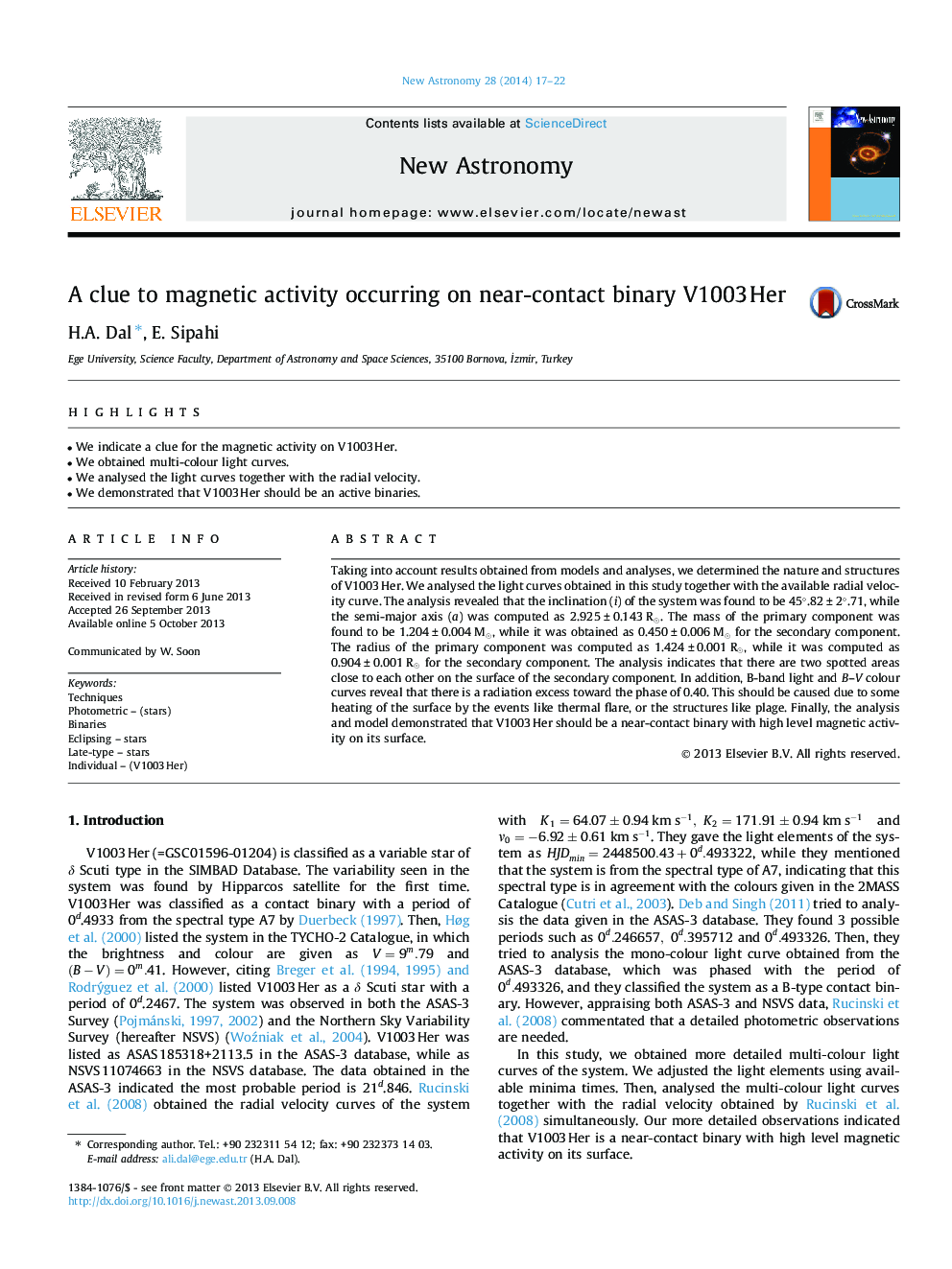 A clue to magnetic activity occurring on near-contact binary V1003 Her