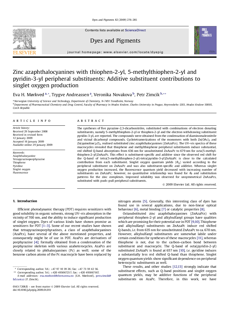 Zinc azaphthalocyanines with thiophen-2-yl, 5-methylthiophen-2-yl and pyridin-3-yl peripheral substituents: Additive substituent contributions to singlet oxygen production