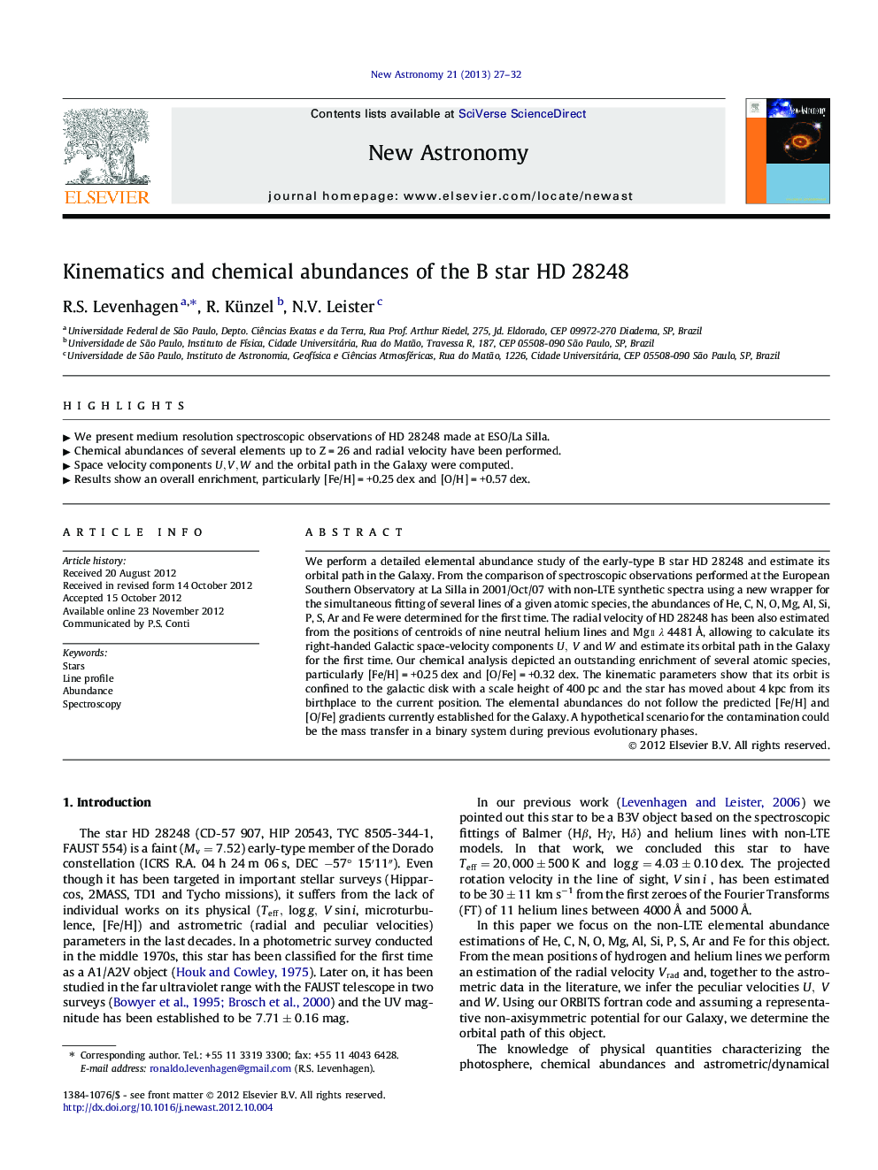 Kinematics and chemical abundances of the B star HD 28248