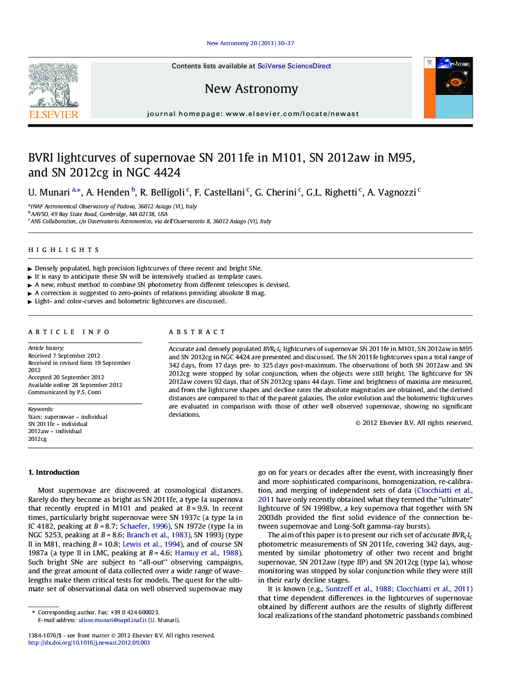 BVRI lightcurves of supernovae SN 2011fe in M101, SN 2012aw in M95, and SN 2012cg in NGC 4424