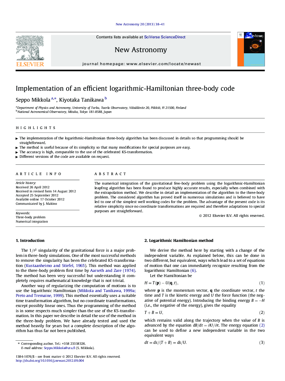 Implementation of an efficient logarithmic-Hamiltonian three-body code