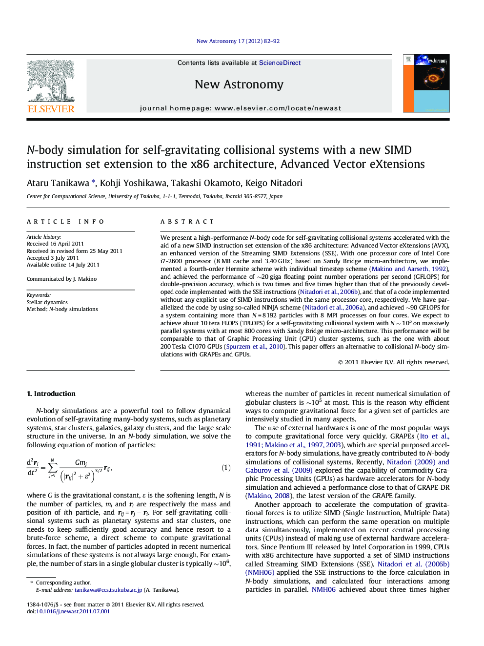 N-body simulation for self-gravitating collisional systems with a new SIMD instruction set extension to the x86 architecture, Advanced Vector eXtensions