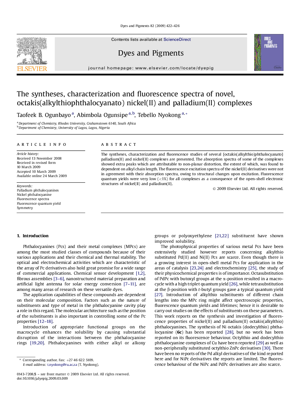 The syntheses, characterization and fluorescence spectra of novel, octakis(alkylthiophthalocyanato) nickel(II) and palladium(II) complexes