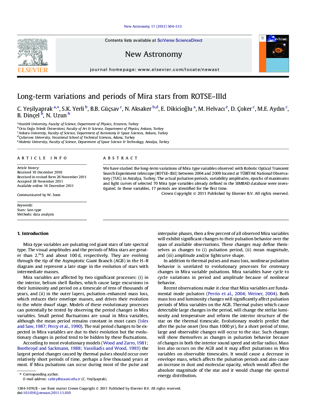 Long-term variations and periods of Mira stars from ROTSE–IIId