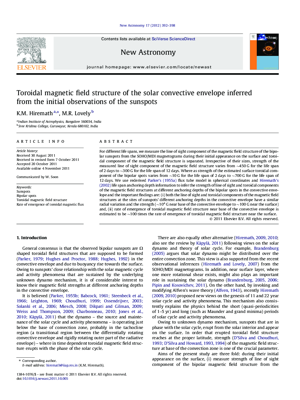 Toroidal magnetic field structure of the solar convective envelope inferred from the initial observations of the sunspots