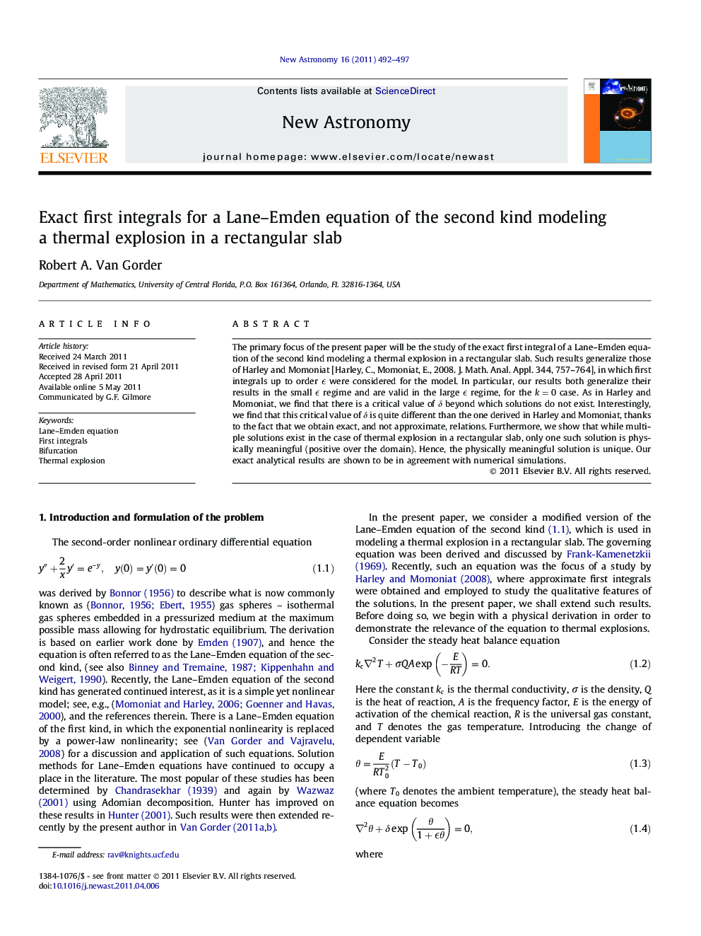 Exact first integrals for a Lane-Emden equation of the second kind modeling a thermal explosion in a rectangular slab