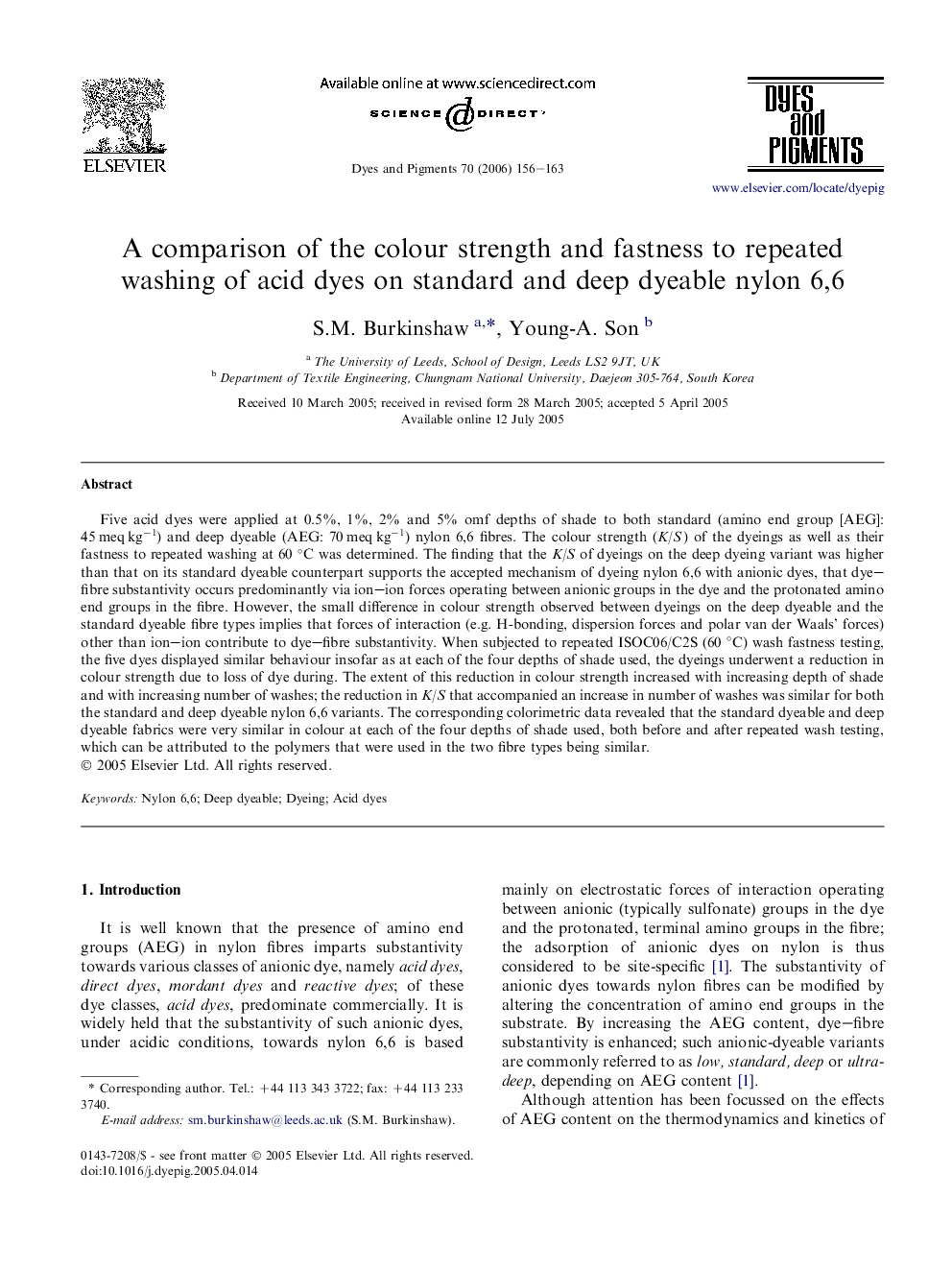 A comparison of the colour strength and fastness to repeated washing of acid dyes on standard and deep dyeable nylon 6,6
