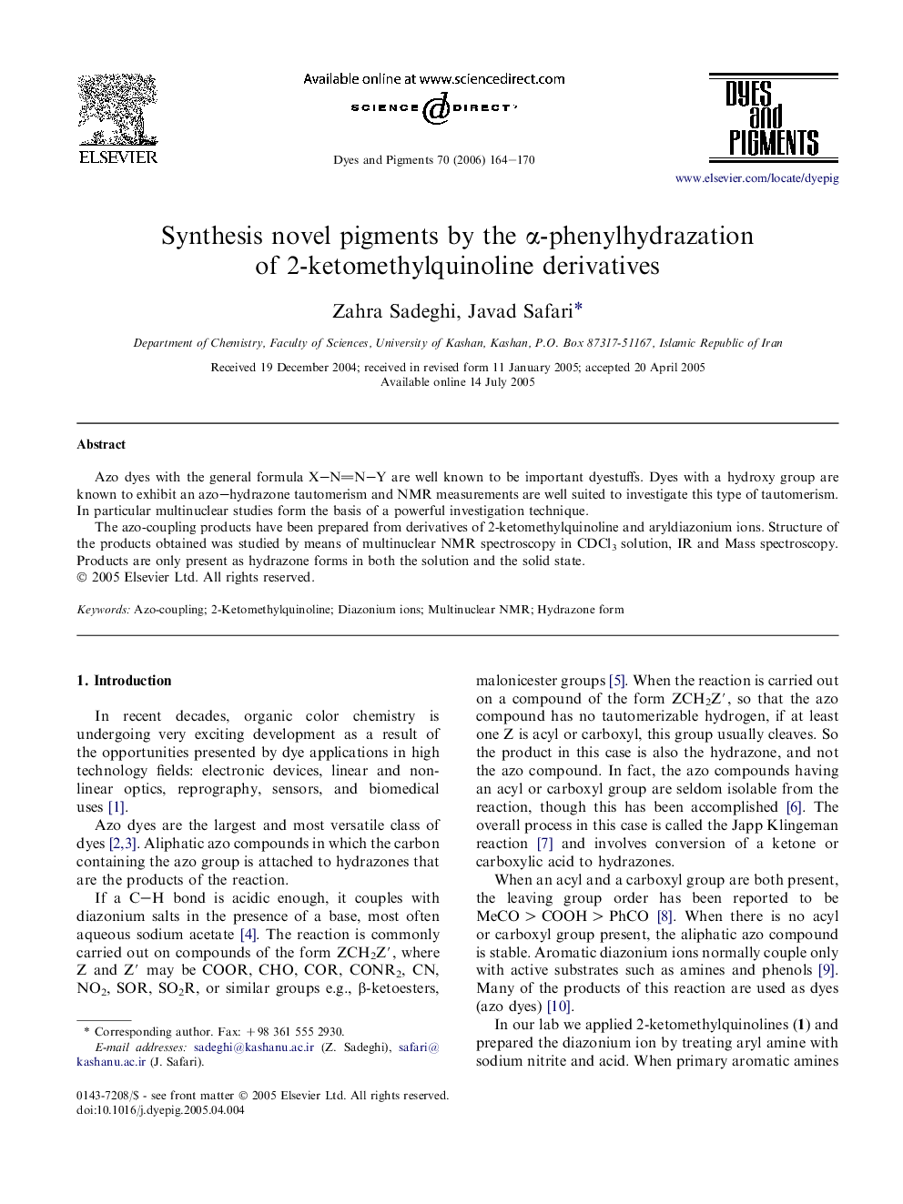 Synthesis novel pigments by the α-phenylhydrazation of 2-ketomethylquinoline derivatives