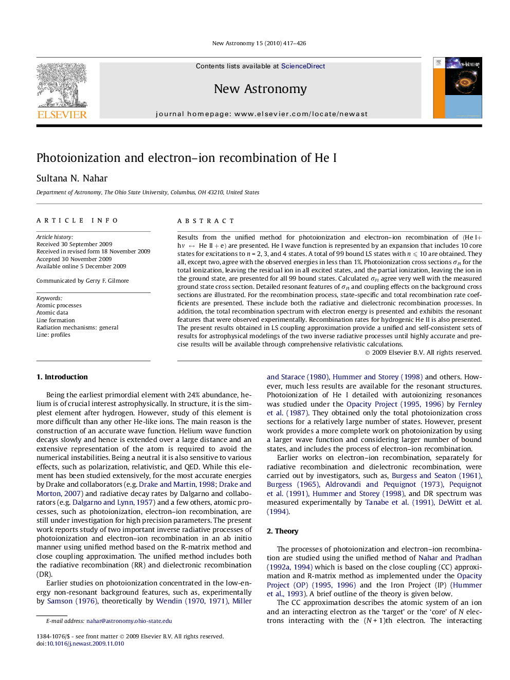 Photoionization and electron-ion recombination of He I