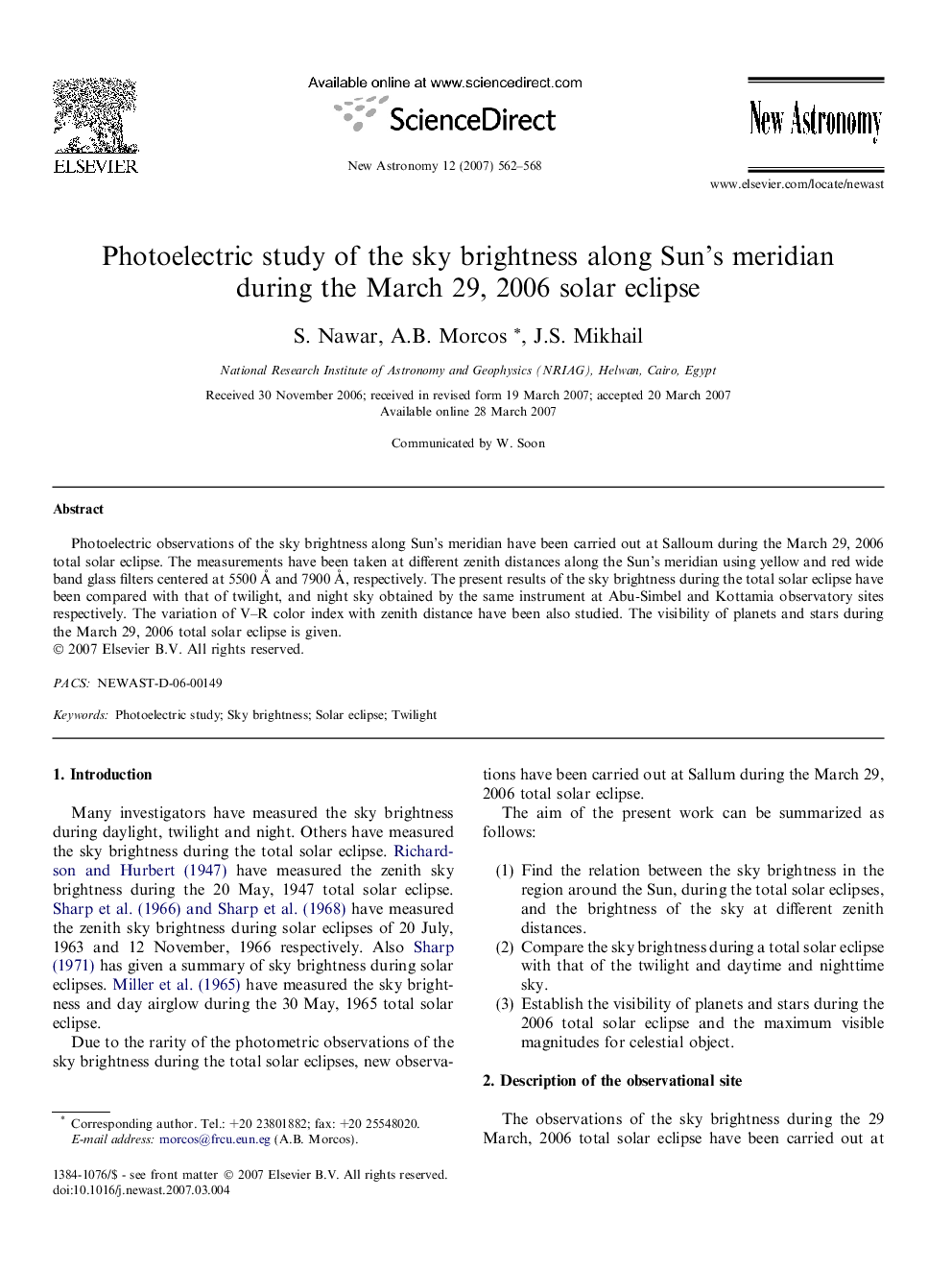 Photoelectric study of the sky brightness along Sun’s meridian during the March 29, 2006 solar eclipse