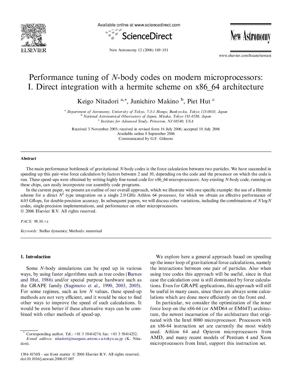 Performance tuning of N-body codes on modern microprocessors: I. Direct integration with a hermite scheme on x86_64 architecture