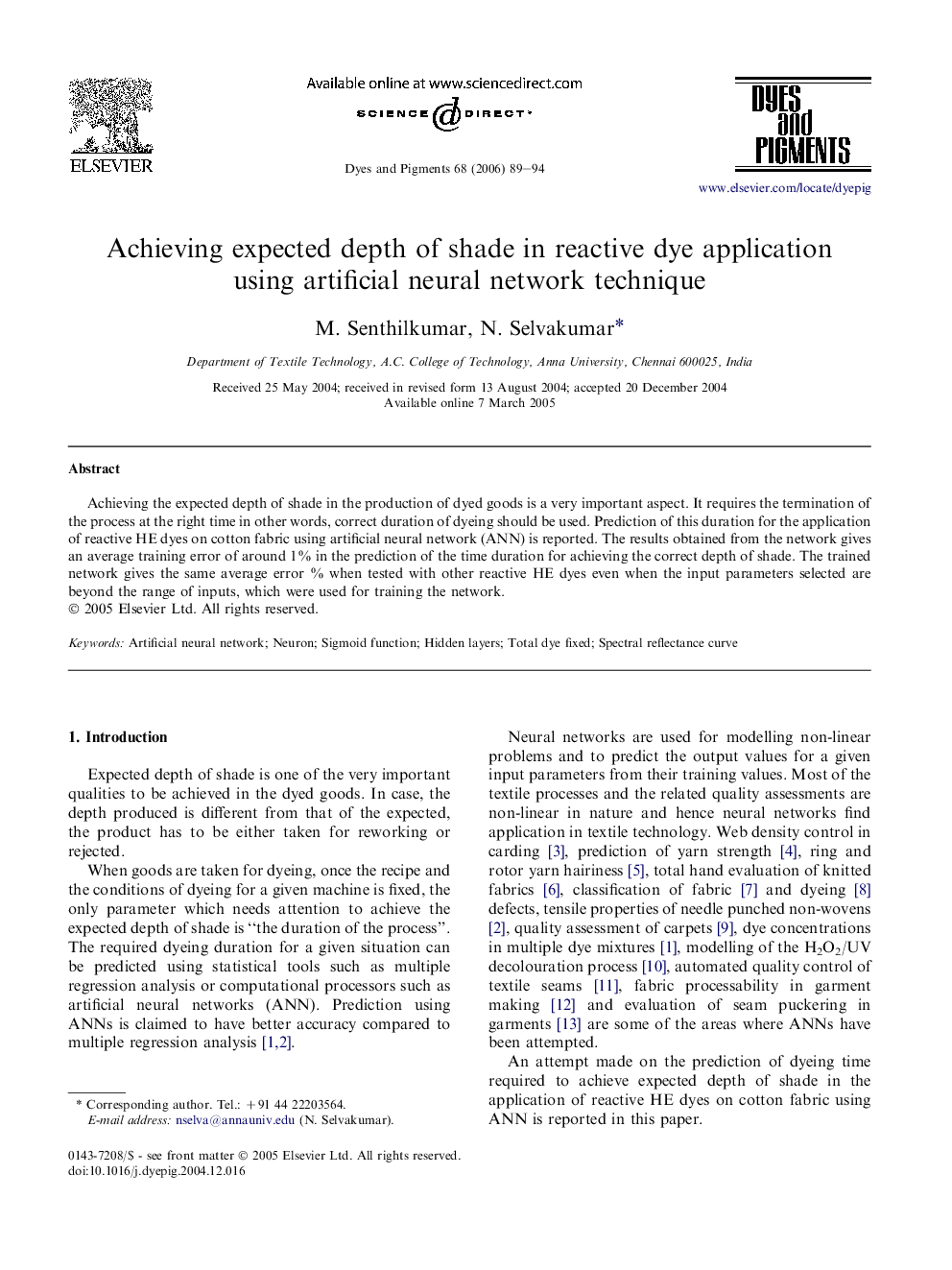 Achieving expected depth of shade in reactive dye application using artificial neural network technique