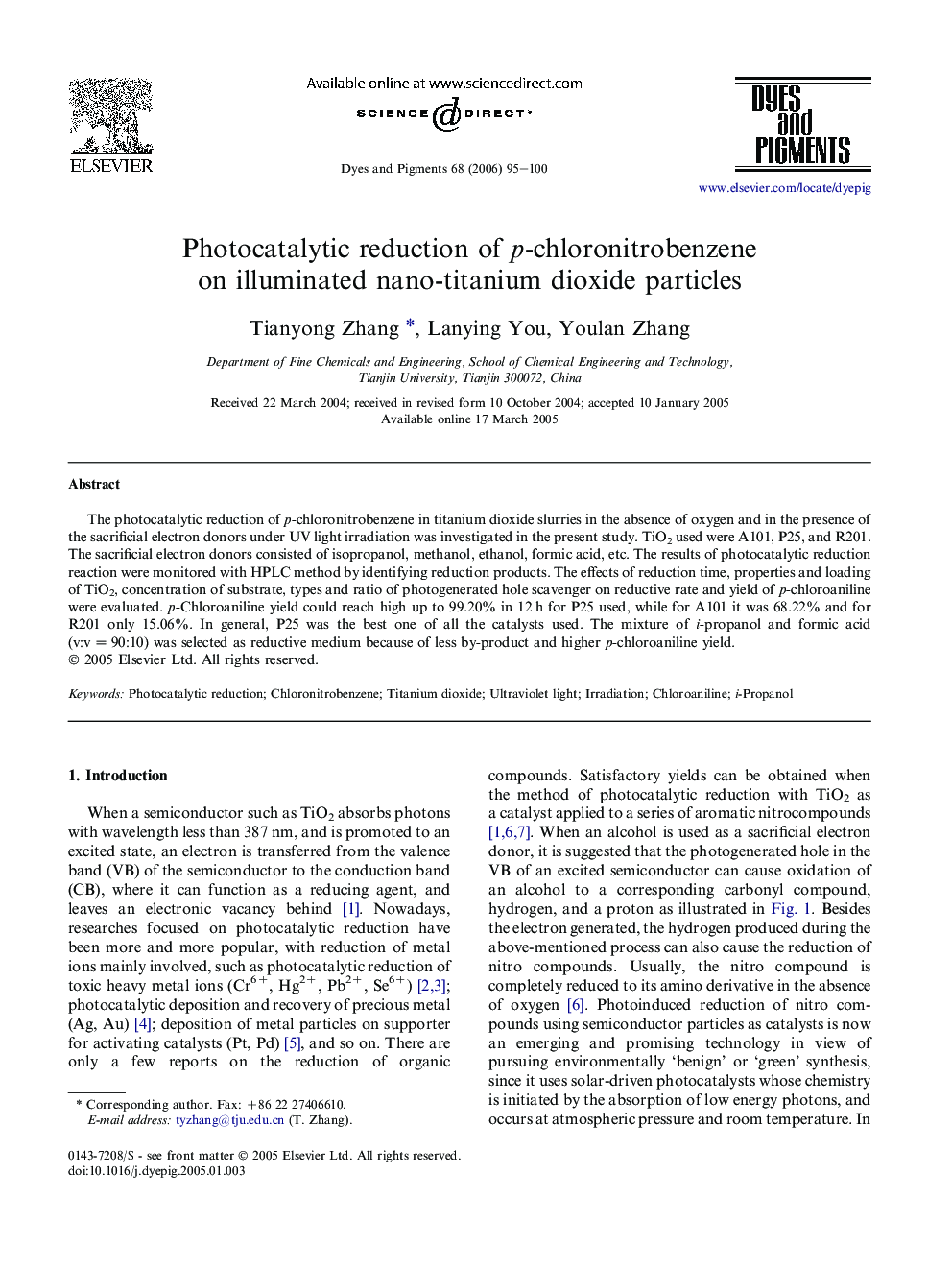 Photocatalytic reduction of p-chloronitrobenzene on illuminated nano-titanium dioxide particles