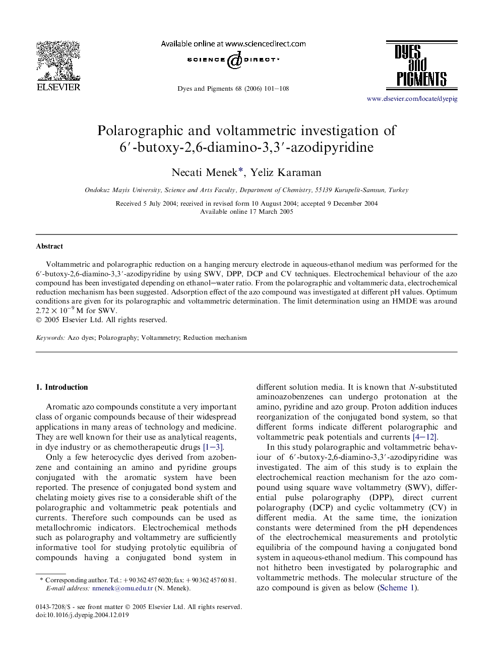 Polarographic and voltammetric investigation of 6′-butoxy-2,6-diamino-3,3′-azodipyridine