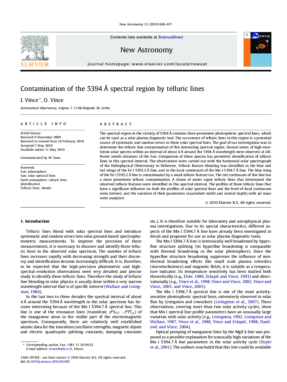 Contamination of the 5394Â Ã spectral region by telluric lines