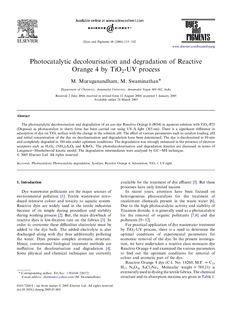Photocatalytic decolourisation and degradation of Reactive Orange 4 by TiO2-UV process