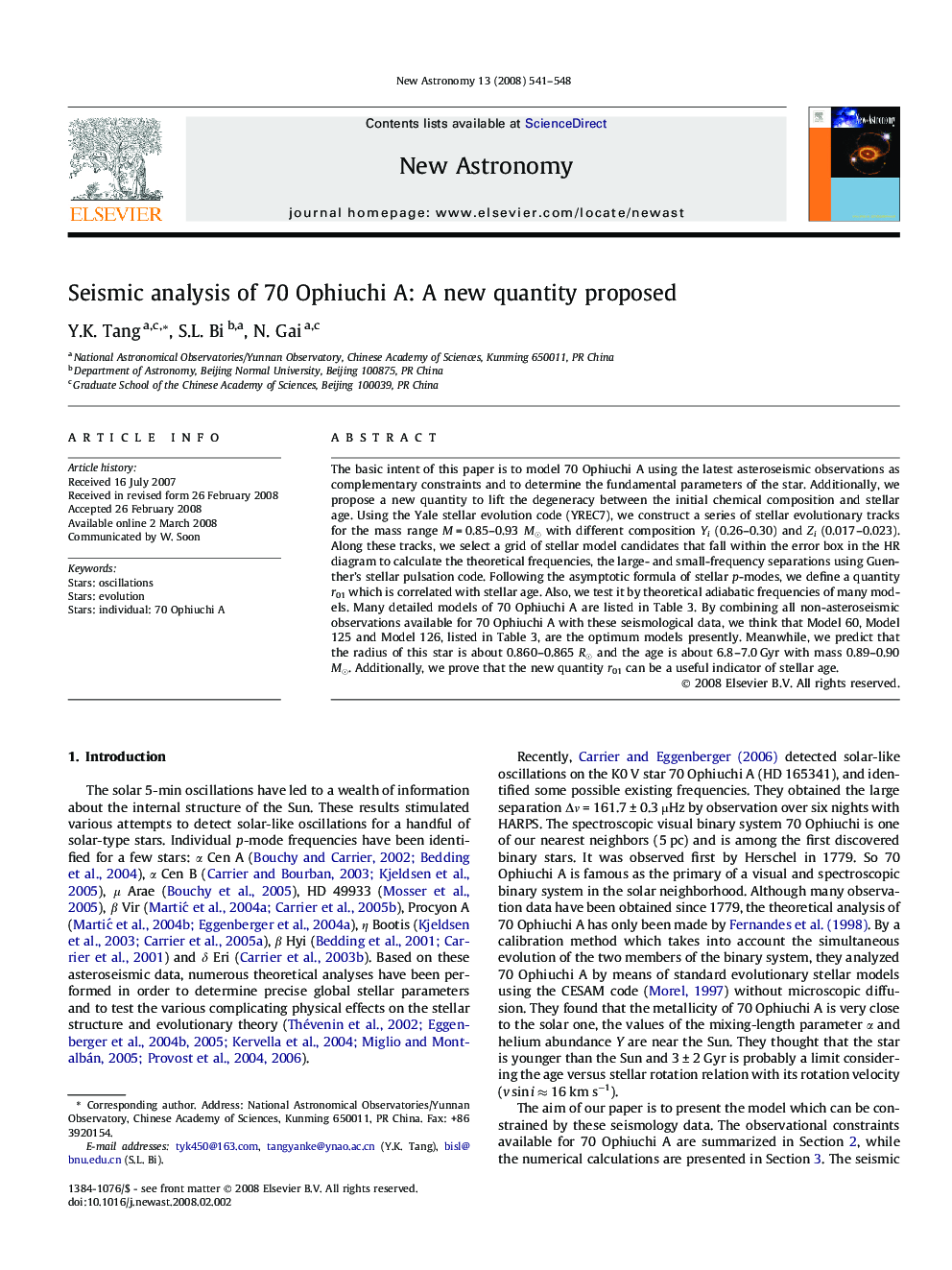 Seismic analysis of 70 Ophiuchi A: A new quantity proposed