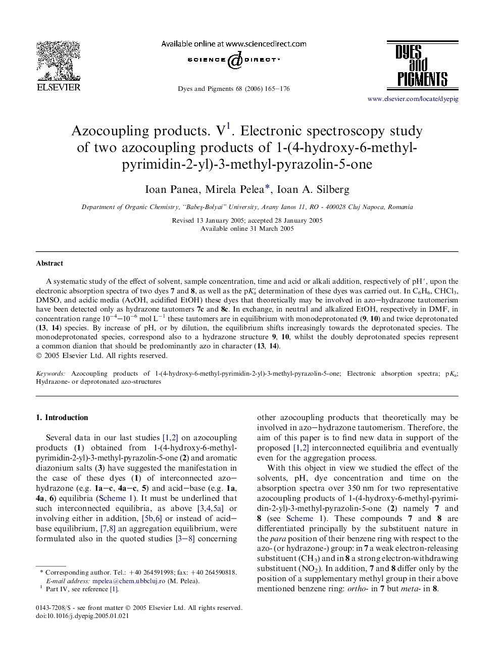 Azocoupling products. V1. Electronic spectroscopy study of two azocoupling products of 1-(4-hydroxy-6-methyl-pyrimidin-2-yl)-3-methyl-pyrazolin-5-one