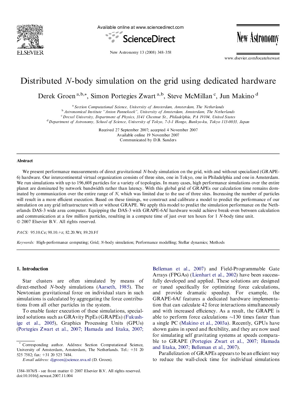 Distributed N-body simulation on the grid using dedicated hardware