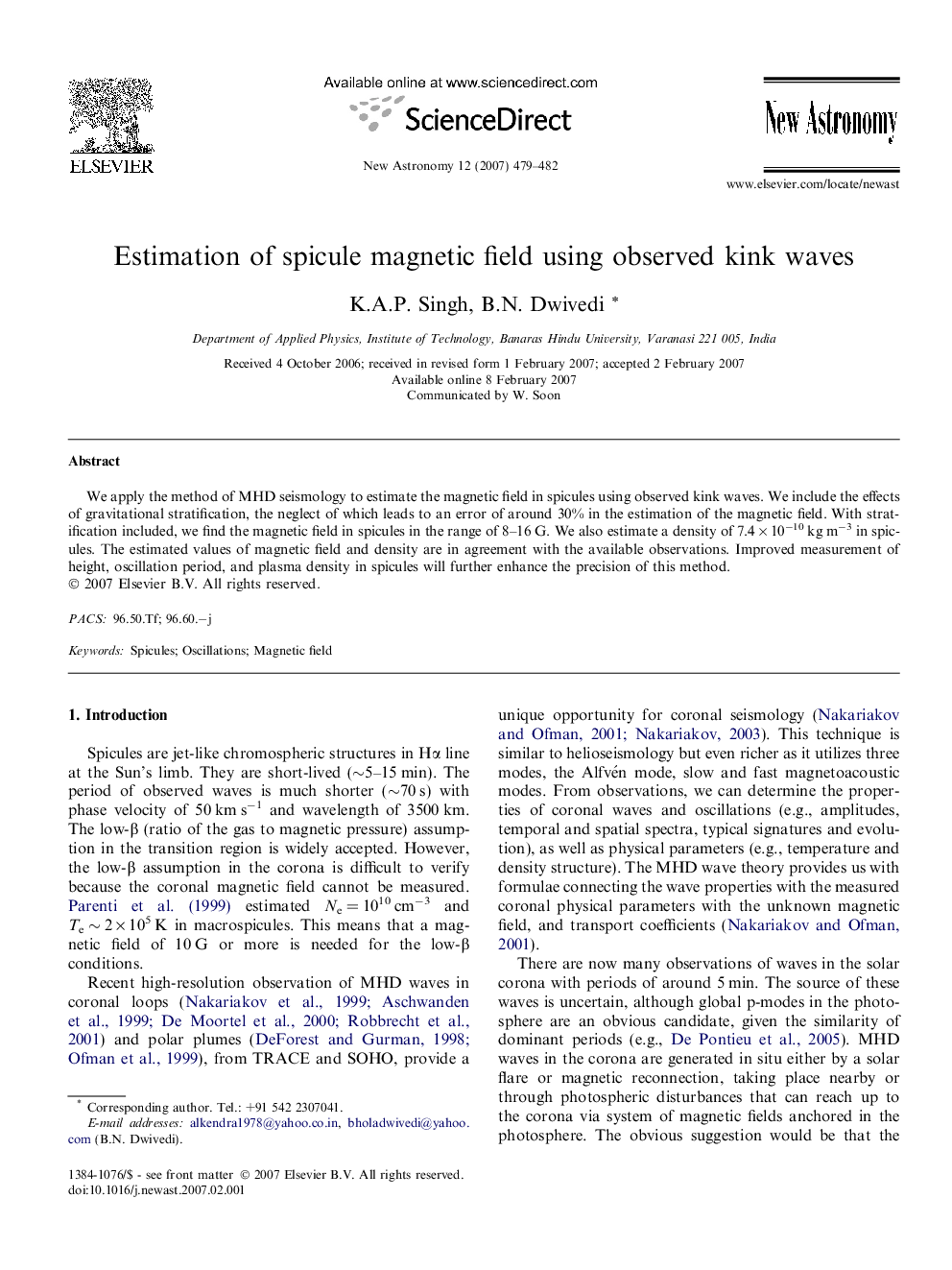 Estimation of spicule magnetic field using observed kink waves