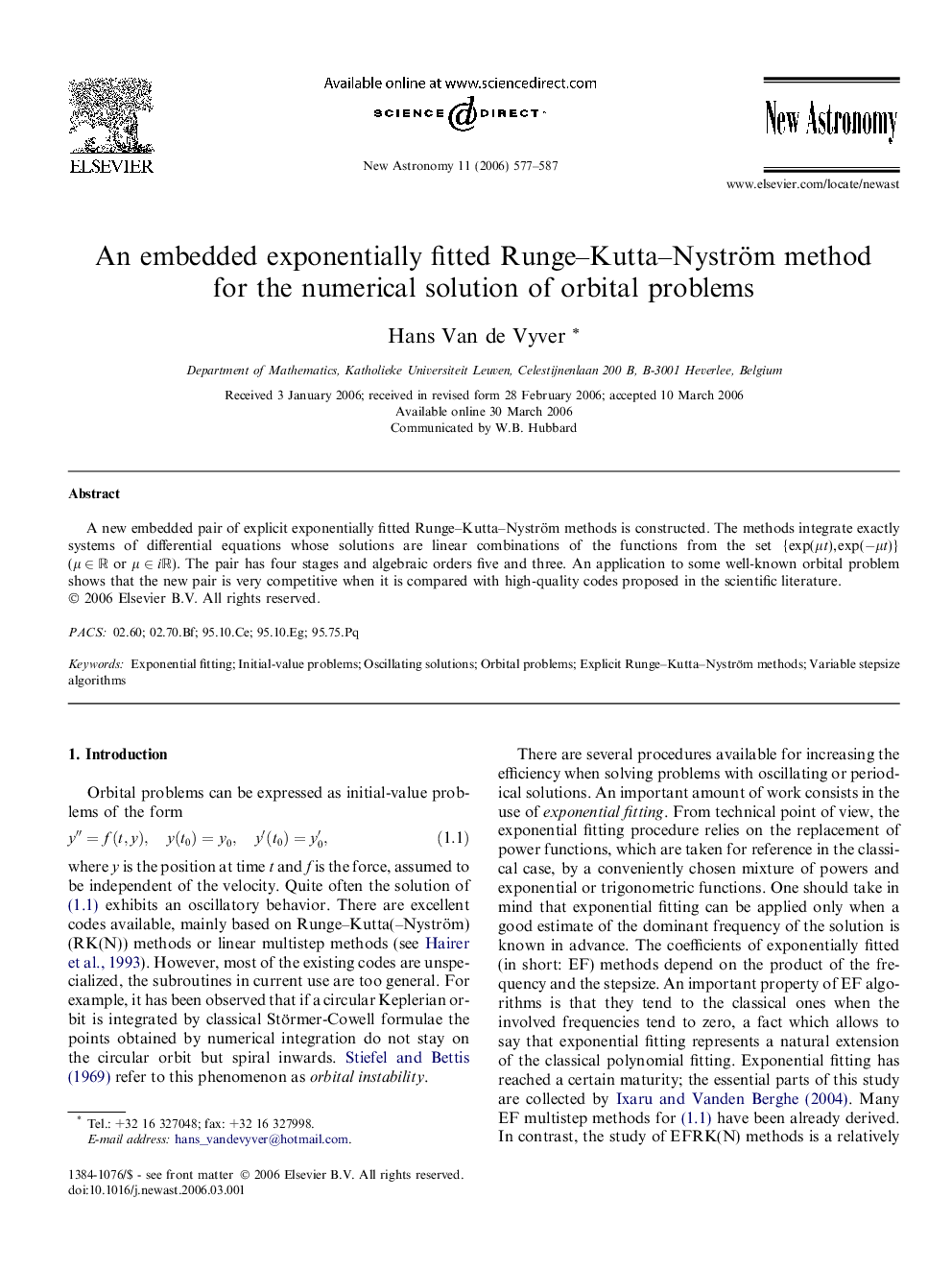 An embedded exponentially fitted Runge–Kutta–Nyström method for the numerical solution of orbital problems