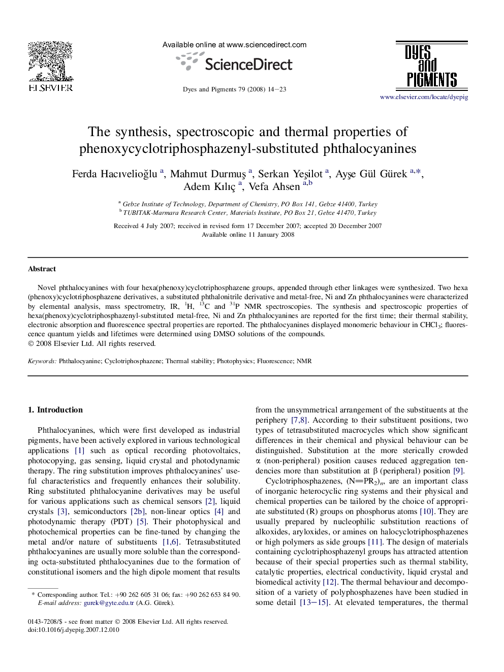 The synthesis, spectroscopic and thermal properties of phenoxycyclotriphosphazenyl-substituted phthalocyanines