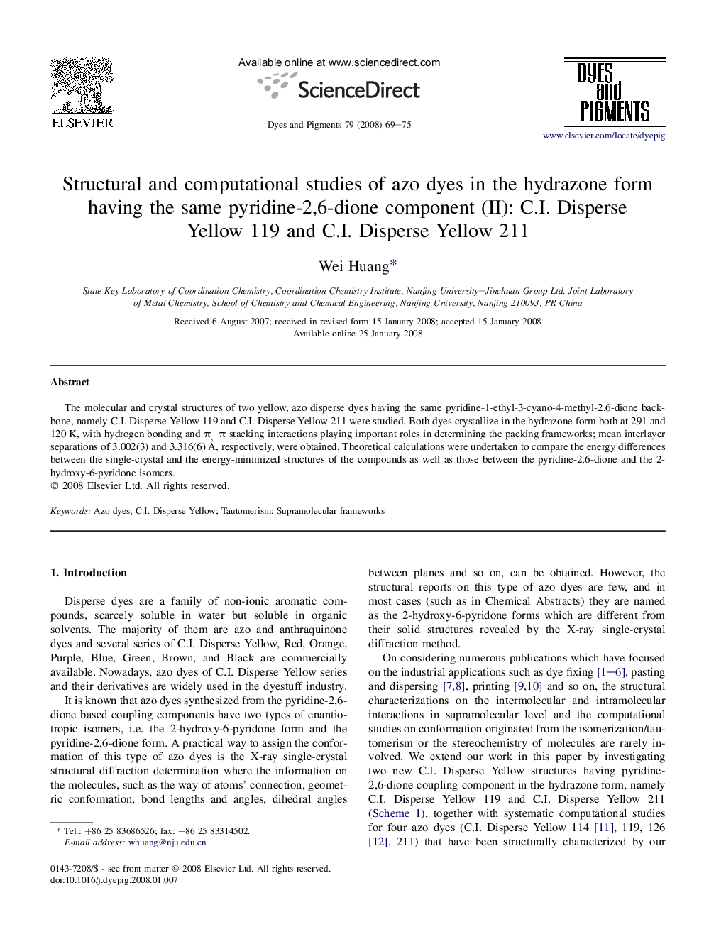 Structural and computational studies of azo dyes in the hydrazone form having the same pyridine-2,6-dione component (II): C.I. Disperse Yellow 119 and C.I. Disperse Yellow 211