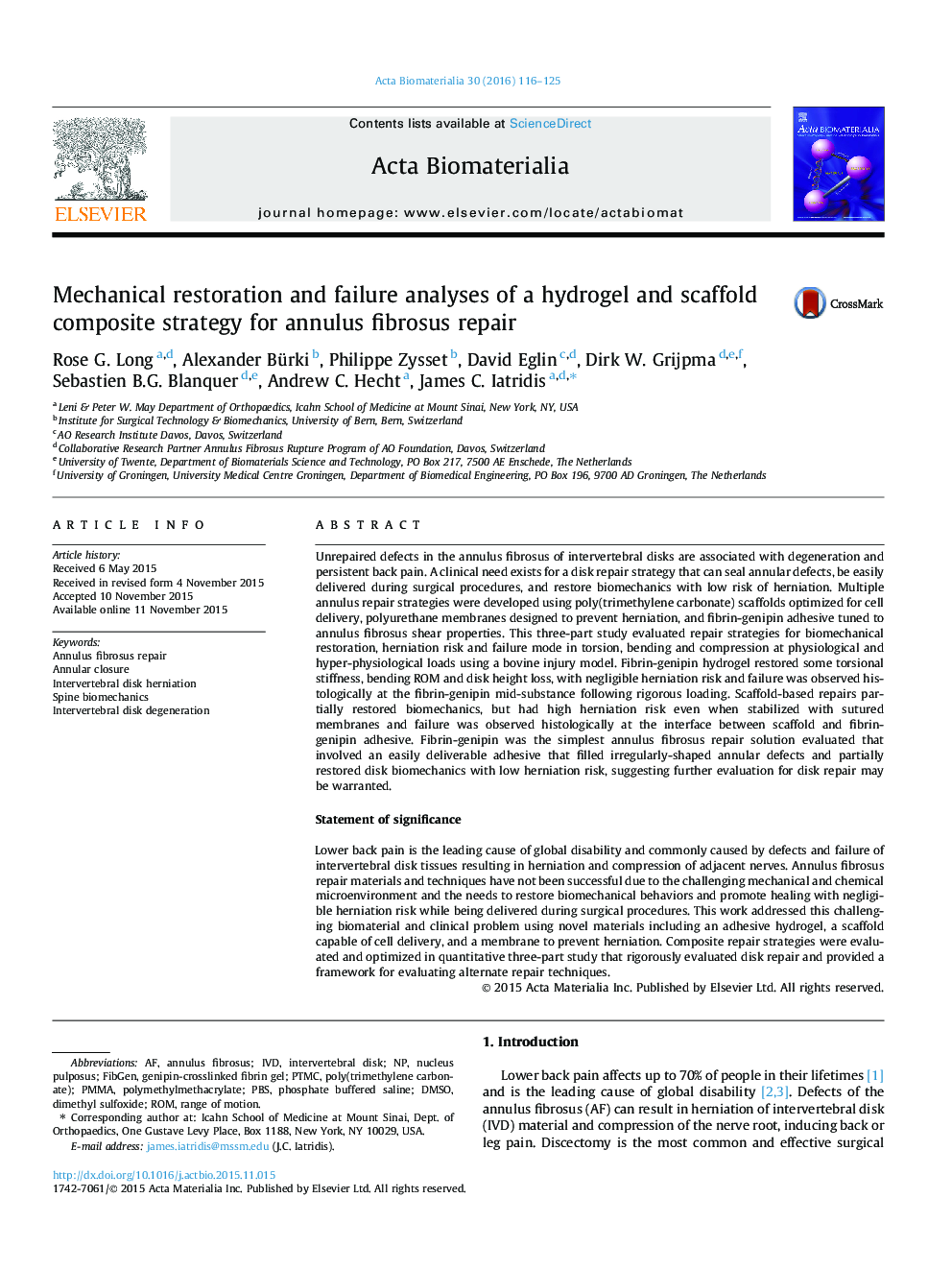 Mechanical restoration and failure analyses of a hydrogel and scaffold composite strategy for annulus fibrosus repair