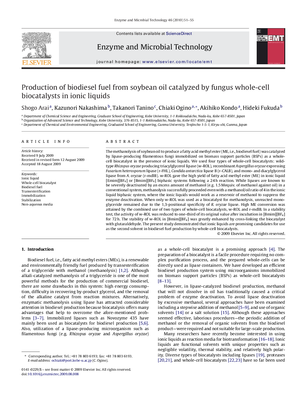 Production of biodiesel fuel from soybean oil catalyzed by fungus whole-cell biocatalysts in ionic liquids