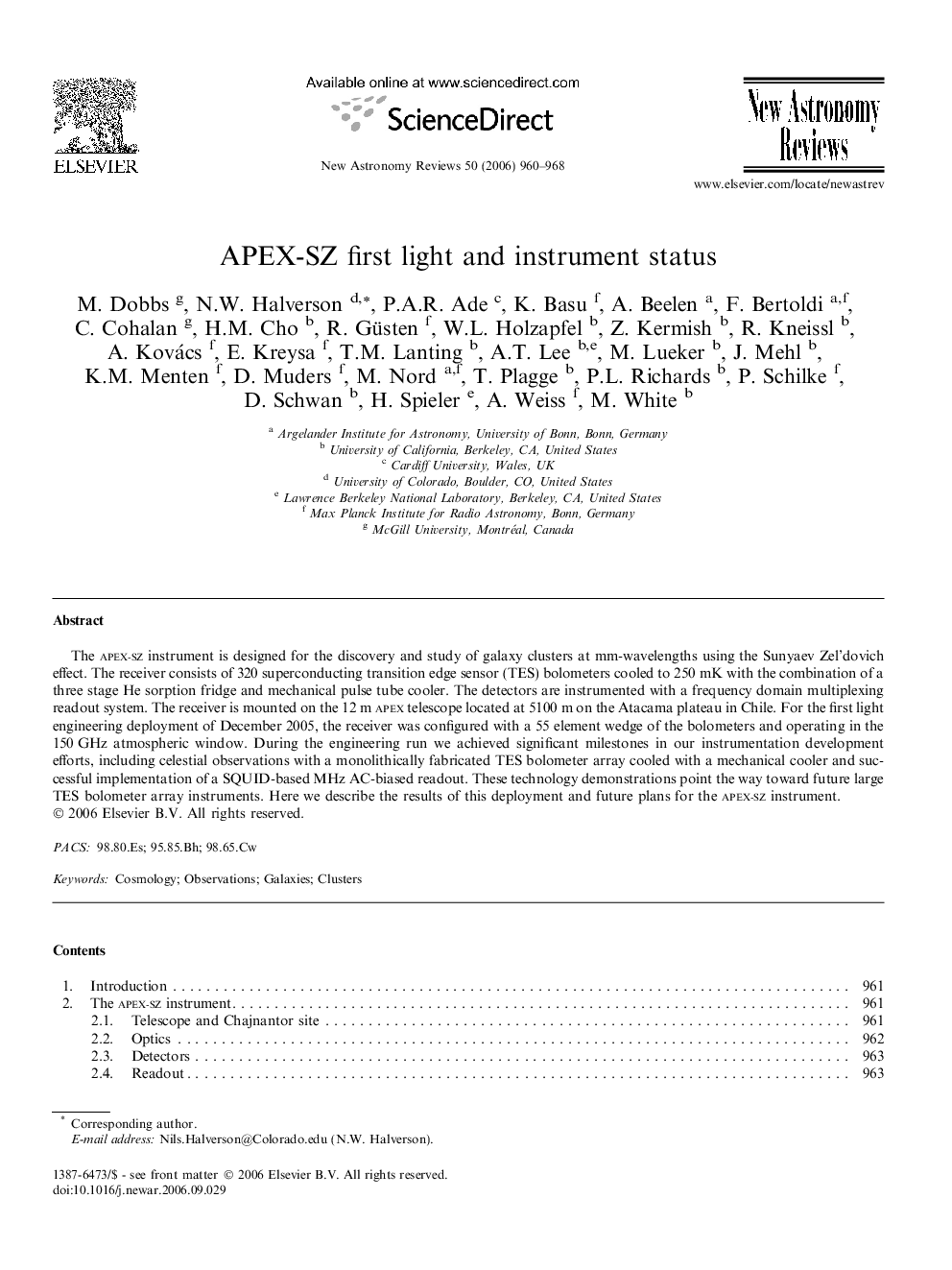 APEX-SZ first light and instrument status