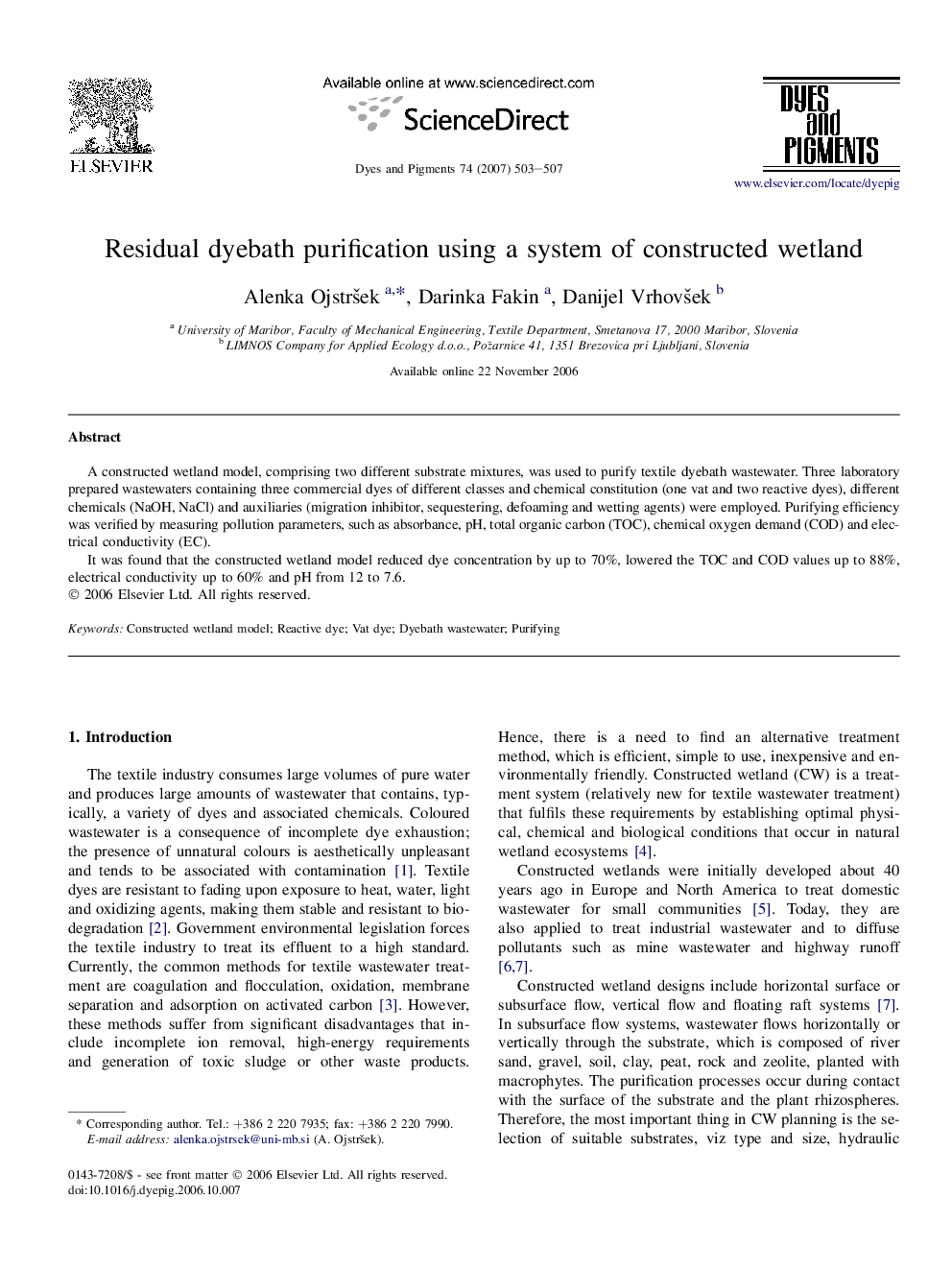 Residual dyebath purification using a system of constructed wetland