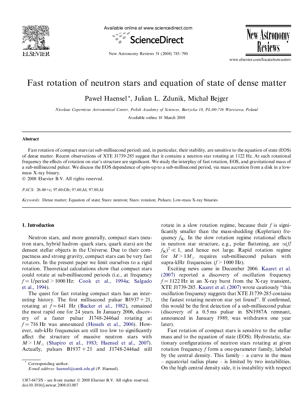 Fast rotation of neutron stars and equation of state of dense matter