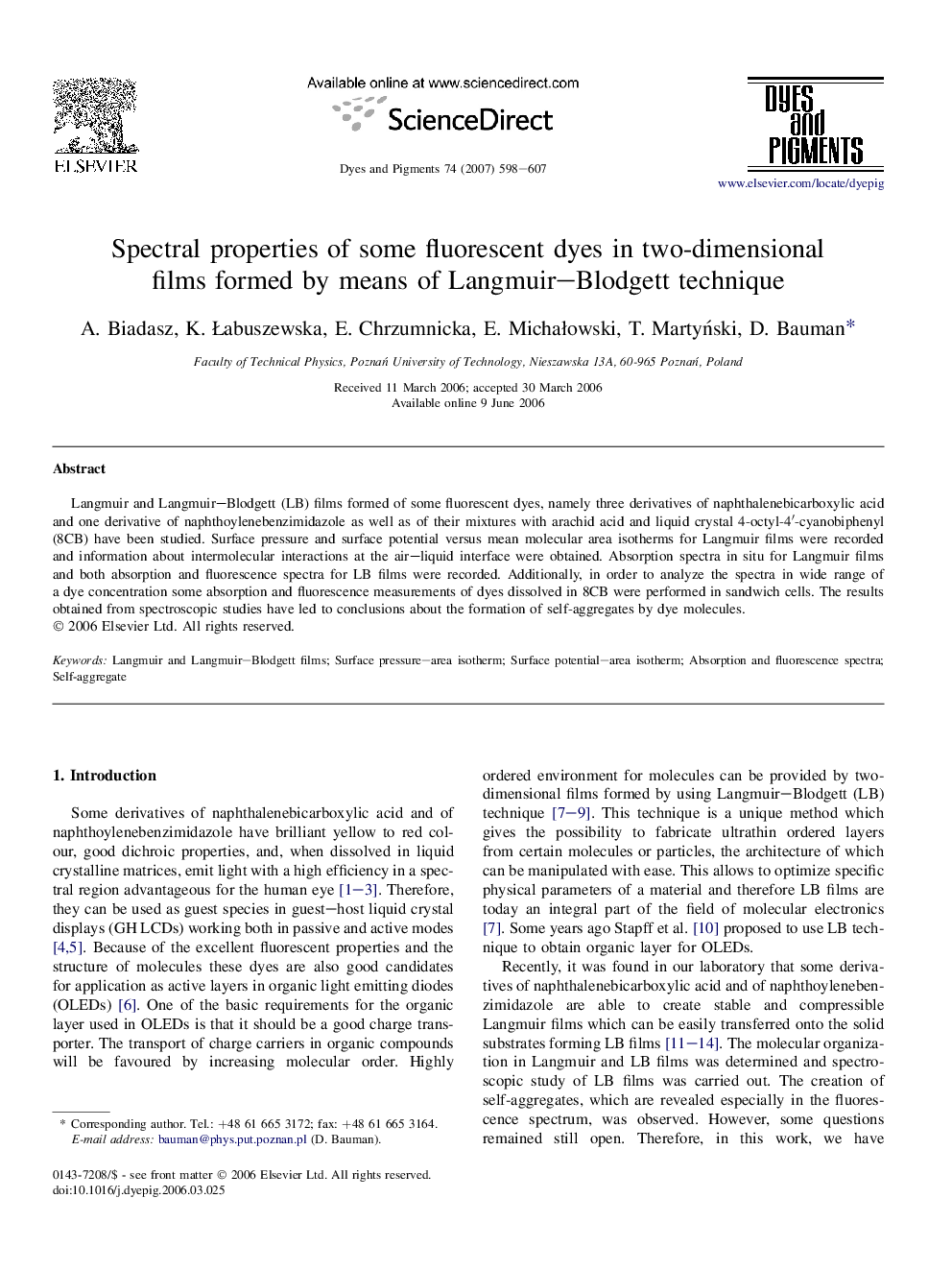 Spectral properties of some fluorescent dyes in two-dimensional films formed by means of Langmuir–Blodgett technique