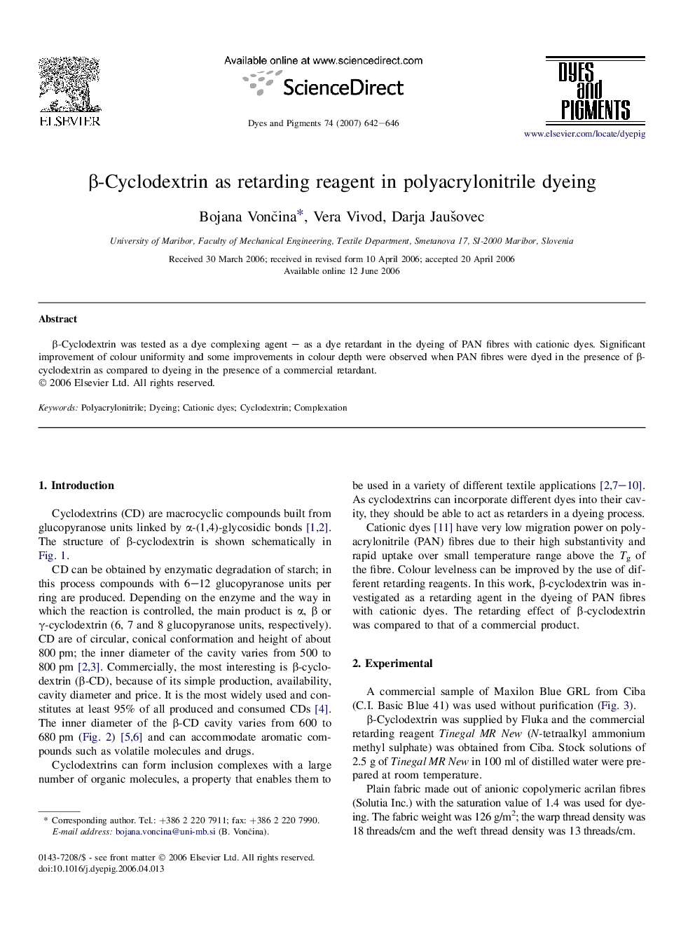 β-Cyclodextrin as retarding reagent in polyacrylonitrile dyeing