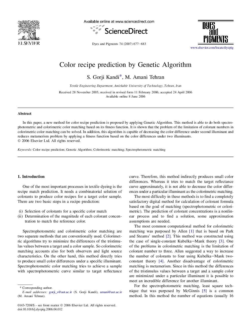 Color recipe prediction by Genetic Algorithm
