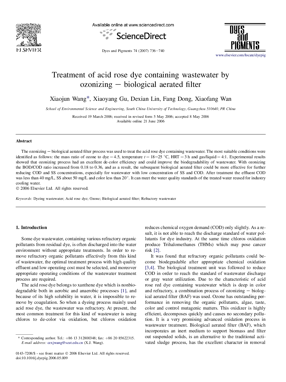 Treatment of acid rose dye containing wastewater by ozonizing – biological aerated filter