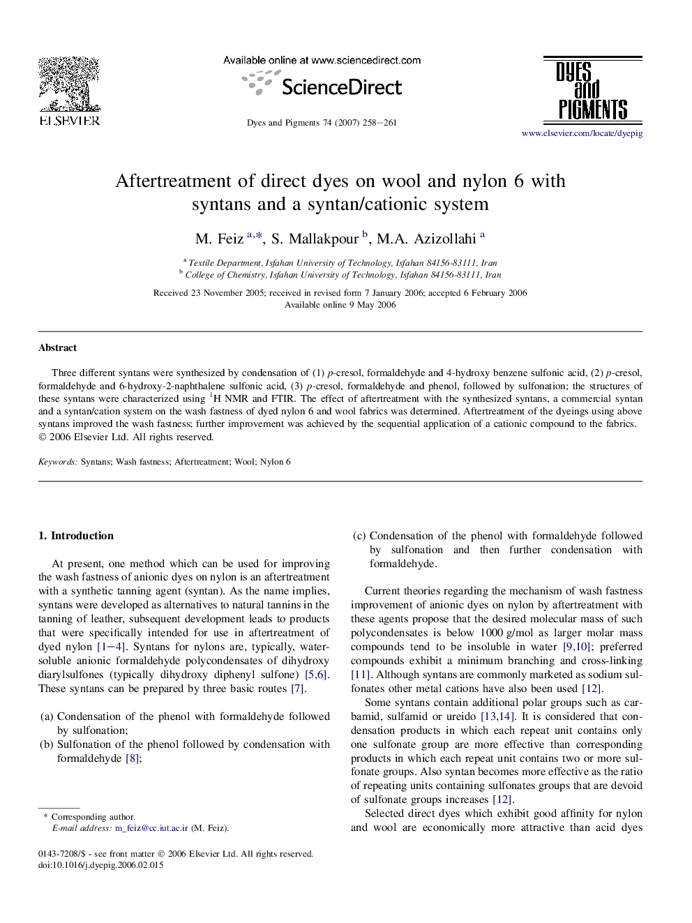 Aftertreatment of direct dyes on wool and nylon 6 with syntans and a syntan/cationic system