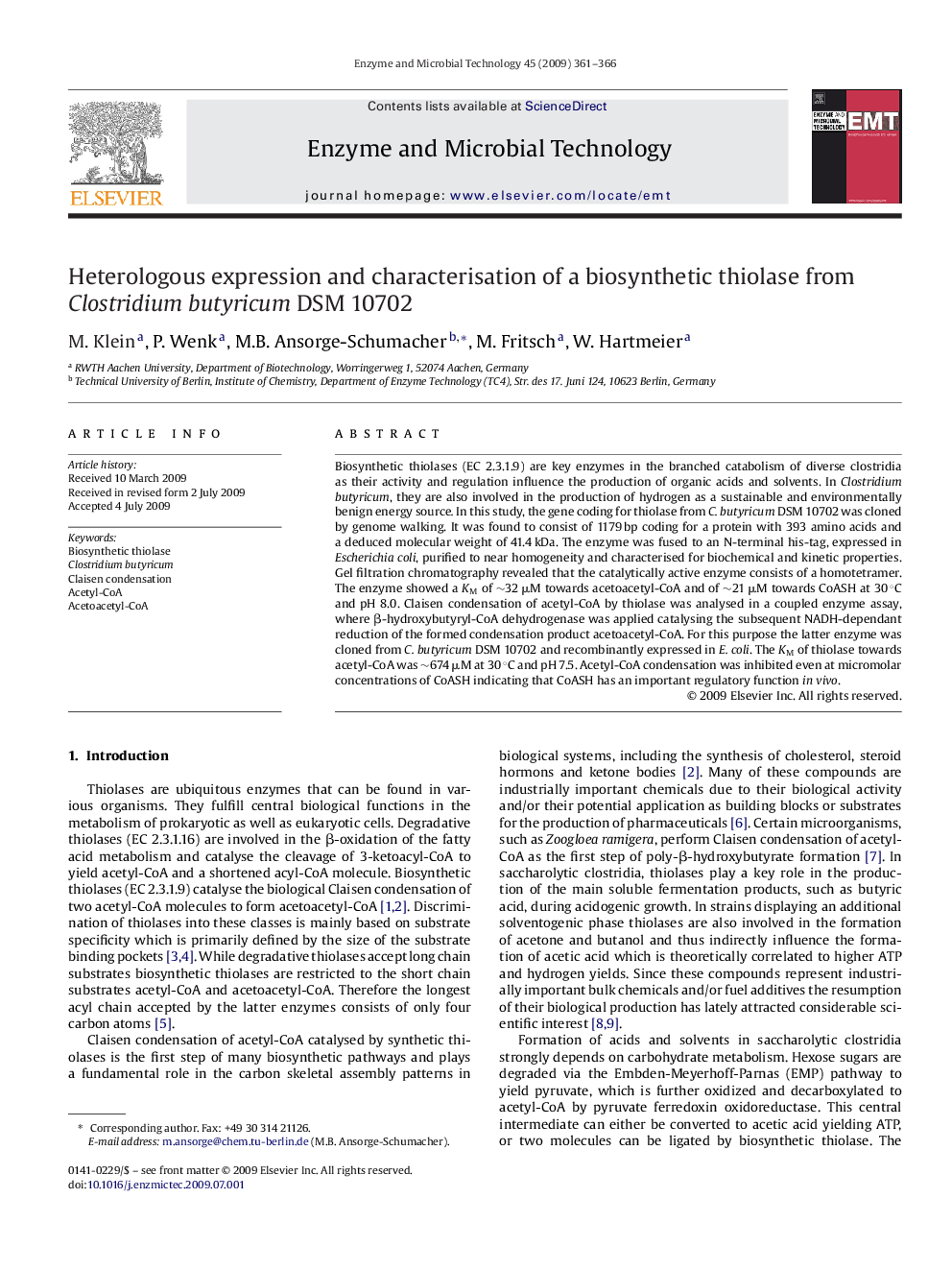 Heterologous expression and characterisation of a biosynthetic thiolase from Clostridium butyricum DSM 10702