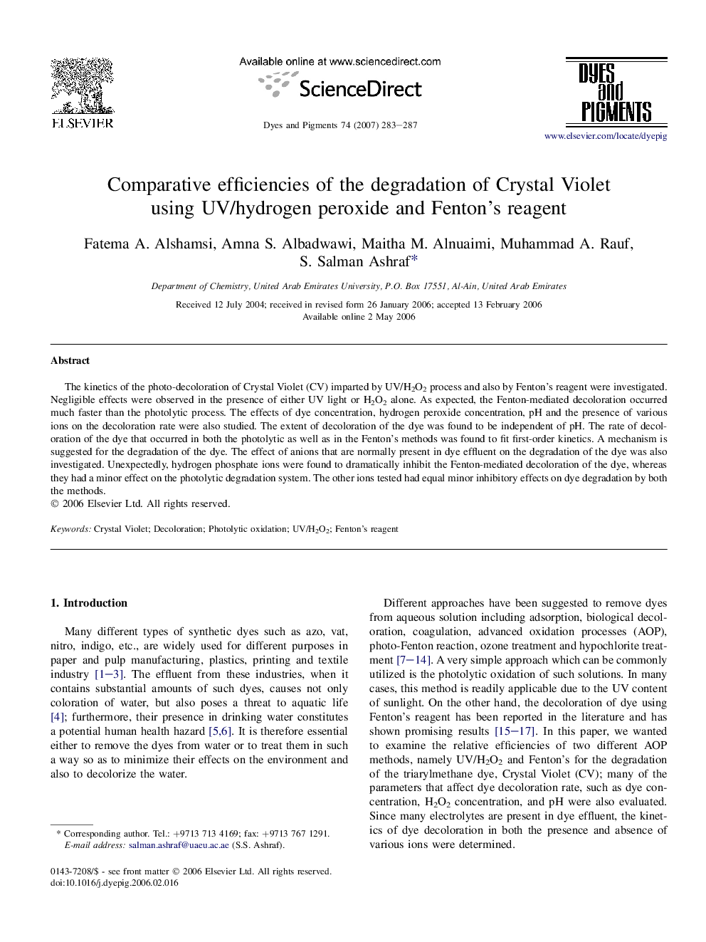 Comparative efficiencies of the degradation of Crystal Violet using UV/hydrogen peroxide and Fenton's reagent