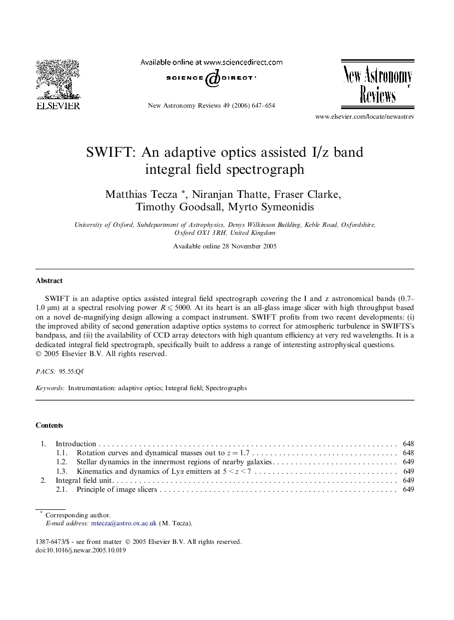 SWIFT: An adaptive optics assisted I/z band integral field spectrograph