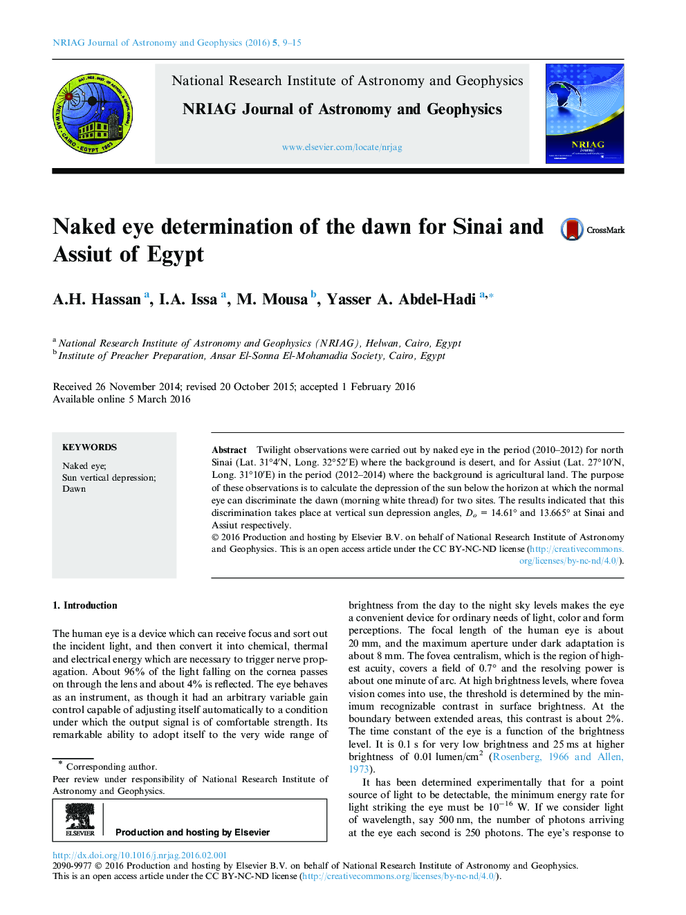 Naked eye determination of the dawn for Sinai and Assiut of Egypt 