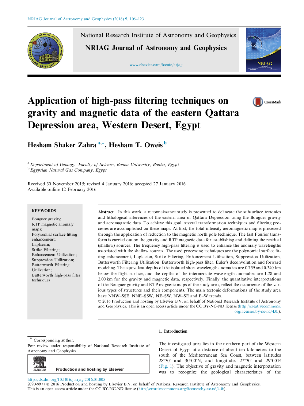 Application of high-pass filtering techniques on gravity and magnetic data of the eastern Qattara Depression area, Western Desert, Egypt 