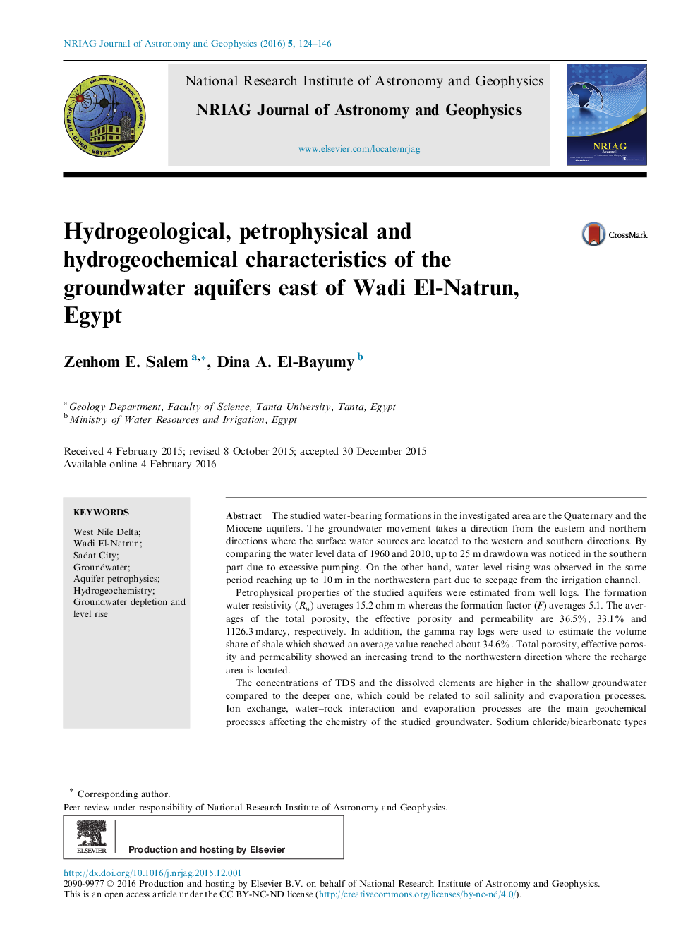 مشخصات هیدروژئولوژیکی، پتروفیزیک و هیدروژئوشیمیایی آبخوانهای زیرزمینی شرق وادی النطن، مصر 